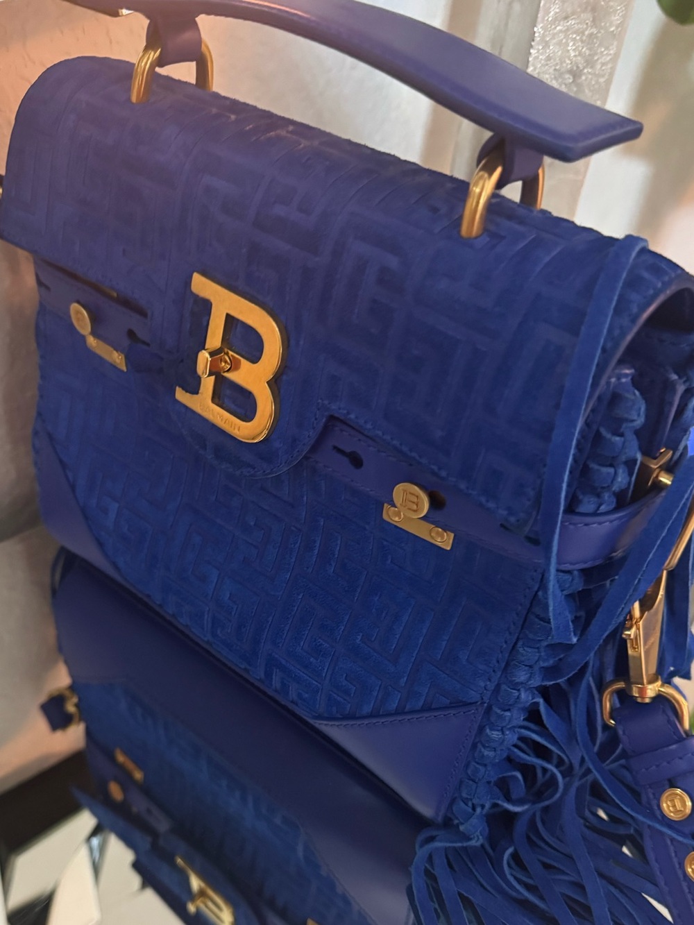 Balmain Cobalt Blue Fringe Satchel with Gold B Hardware